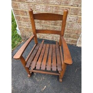 Antique Child's Wooden Slat Armed Rocking Chair With Ladder Back Red-Brown EUC